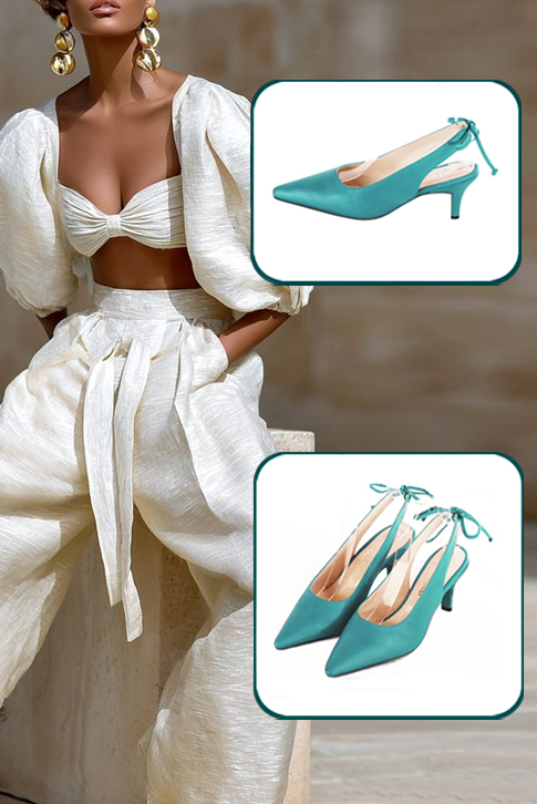 Dress slingback heels in turquoise blue leather with medium slim heels and pointed toe - Worn view